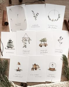 christmas cards with watercolor illustrations on them and pine cones, cinnamon sticks, twine