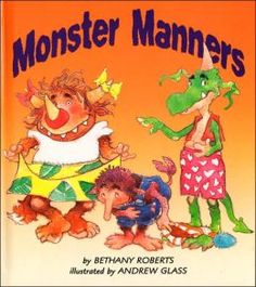 an image of a book cover with monsters and children in the background text reads, monster manners