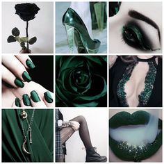 a collage of photos with green and black nail polishes, lipstick, rose, stilettos