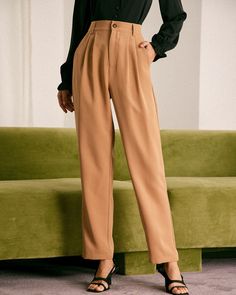 Details:- Khaki- Work- Solid Color- Pleated- Button Fly- High Waisted- Tapered Pants- Normal- Regular Fit- 95% Polyester, 5% Spandex- Machine wash or professional dryFabric:The Tapered Pants are made of Polyester and Spandex. Polyester is an artificial fiber that feels soft, looks lustrous, and dries fast. It's also durable, with good resistance to wrinkles, stains, and sunlight. Spandex is lightweight and comfortable to wear, resistant to sweat, has excellent elasticity, and is durable and robu Women's Khaki Pants, Pleated Tapered Pants, Pants With Pleats, Tapered Pant, Khaki Pants Women, Tailored Clothes, Colored Pants, Fly High, Velvet Pants