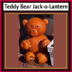 Teddy Bear Jack-o-Lantern Teddy Bear Pumpkin, Cute Painted Pumpkin Ideas, Bear Pumpkin, Halloween Pumpkin Crafts, Creative Pumpkin Painting, Cute Pumpkin Carving, Creative Pumpkin Decorating, Halloween Pumpkin Carving Stencils, Pumpkin Decorating Contest