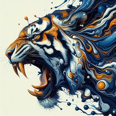 an artistic painting of a tiger with its mouth open