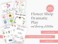 the flower shop dramatic play activity pack is shown in pink and white with flowers on it