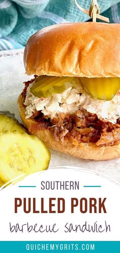 A pulled pork sandwich with coleslaw and sliced pickles on top. Southern Pulled Pork, Calico Baked Beans, Dutch Oven Pulled Pork, Oven Pulled Pork, Carolina Pulled Pork, Bbq Pork Sandwiches, Bbq Pulled Pork Sandwiches, Barbecue Sandwiches, Southern Potato Salad