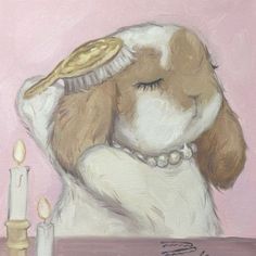 a painting of a dog sitting at a table with a lit candle in front of it