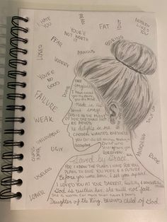 a drawing of a woman's head with words written on it