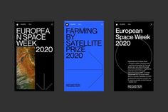 three book covers for the european space week, with an image of earth in black and blue