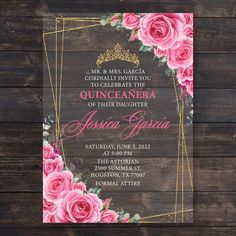 pink roses and gold foil are on the front of this quinceaurea birthday party