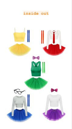 four different colored tutues with ties and bow ties on them, all in various colors