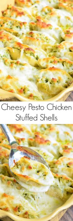 cheesy pesto chicken stuffed shells in a casserole dish with a serving spoon