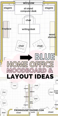 the blue office mood board and layout is shown in two different colors, with text overlay