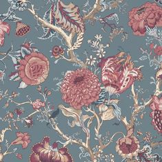 a blue floral wallpaper with pink and red flowers