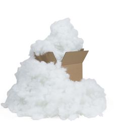 a cardboard box sitting on top of a pile of white fluffy clouds