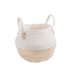 a white and beige basket with handles on the front, sitting on a white background