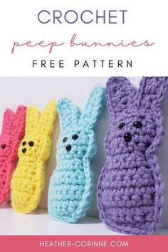 three crocheted bunny bunnies with the title text overlay reads, free pattern