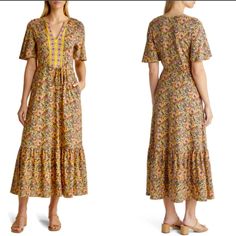 You Might Not Have Wildflower Meadows To Frolic In, But It's Nice To Know This Cotton Modal Maxi Would Be Up To The Challenge - And It's Equally As Flattering And Feminine Heading To The Local Park. Details; Note The Notch Neck With Its Soft Gathers, The Gathered Tiered Skirt And Those Flutter Sleeves. Dreamy. 50% Cotton. 50% Modal Color: Honeycomb, Decorative Bloom Measurement (Laid Flat); Length: 53” Chest: 16 1/2” Casual Mustard Maxi Dress With Floral Print, Casual Floral Print Mustard Maxi Dress, Yellow Short Sleeve Dress With Ditsy Floral Print, Multicolor V-neck Maxi Dress With Smocked Back, Bohemian Block Print V-neck Maxi Dress, Pretty Floral Dress, Boden Women, Embroidered Maxi Dress, Maxi Jersey Dress