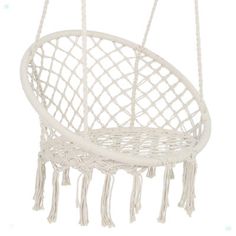 a white hanging chair with tassels on the bottom and one seat in the middle