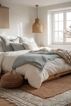 a large bed sitting in a bedroom on top of a wooden floor next to a window