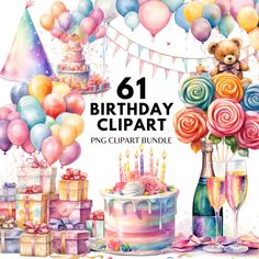 the birthday clipart bundle includes balloons, cake and gifts