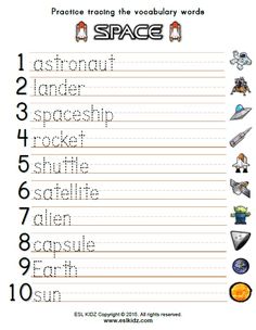 a space themed handwriting practice sheet for children to learn how to write the word space