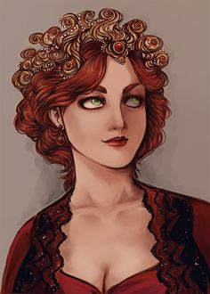 a drawing of a woman with curly hair and green eyes wearing an elaborate headpiece