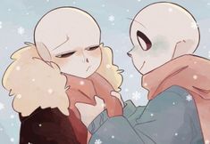 two people are standing in the snow with their faces close to each other and one is holding another person's head