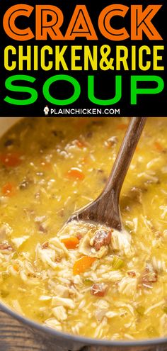 chicken and rice soup in a large pot with a wooden ladle full of the soup