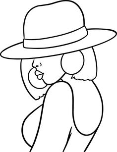 a black and white drawing of a woman wearing a hat