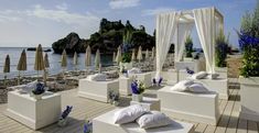 an outdoor seating area with umbrellas and blue flowers on the ground next to water