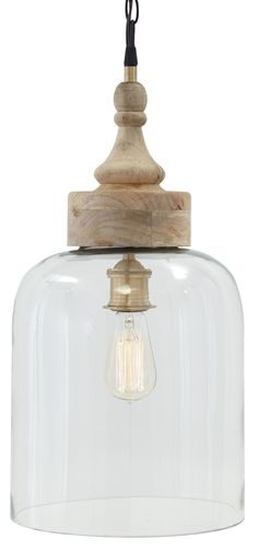 a light fixture with a clear glass dome and wooden accents on the top, hanging from a black cord