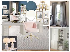 a collage of photos with furniture and decor in white, blue, and pink