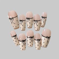 Polka Dot Nail Tips, Nail Art School, Cute Nail Designs Coquette, Polka Dot Nails French Tip, Cute French Tip Designs, Beginner Nails Design, Press On Nails Design Ideas, French Tip Bow Nails, Classy Nails Aesthetic