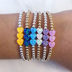 New moms, grandmas, aunts, sisters, cousins, best friends - whatever special relationship you have, we have the bracelet! Plus! We can making matching Mom and newborn sets (send us a message). This adorable triple mini heart bracelet comes in your choice of opal color: white, light blue, navy, pink, red, purple, yellow/orange, or white. Also choose between sterling silver, gold filled, or rose gold filled beads. One inch of extra chain lets you adjust the bracelet to your preference. All items a Homemade Bracelets, Rose Violette, Diy Bracelet Designs, Jewelry Making Project, Opal Color, Opal Bracelet, Bracelets Handmade Beaded, Mini Heart, Delicate Jewelry