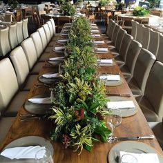 a long table set with place settings and plates