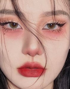 Cute Doll Makeup Aesthetic, Red Asian Makeup, Blush Under Eyes Makeup, Eye Makeup Under Eye, Dark Asian Makeup, Blush Under Eyes, Red Under Eye Makeup, Red Under Eye, Kpop Inspired Makeup