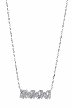 Suzanne Kalan diamond baguette bar necklace. Baguette Diamond (1.30ctw) Round Diamond (0.30ctw) Bar length 1", width 8mm, Adjustable 16-18" chain 18k White Gold Dainty White Gold Diamond Necklace With Baguette Diamonds, Silver Diamond Necklace With Baguette Diamonds, Sterling Silver Baguette Diamond Necklace, White Gold Necklace With Baguette Diamonds, Minimalist Silver Necklace With Baguette Diamonds, Dainty Silver Necklace With Baguette Diamonds, Dainty Silver Necklaces With Baguette Diamonds, Silver Baguette Diamond Necklace Gift, Silver Diamond Necklace With Baguette Diamonds For Gift