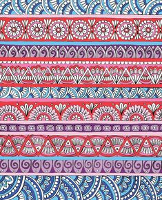 an image of a blue and red background with paisley designs on it's sides