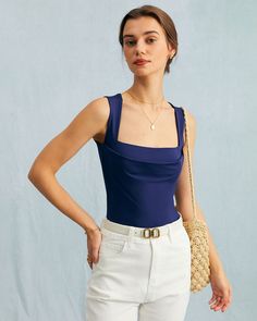 The Navy Square Neck Ruched Tank Top & Reviews - Navy - Tops | RIHOAS Navy Top Outfit, Blue Top Outfit, Blue Summer Top, Ruched Tank Top, Top Azul, Textured Tank Top, Tailored Clothes, Solid Tank Tops, Tank Top Outfits