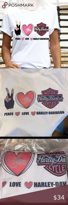 - Peace Love Harley Davidson  T-Shirts Harley Davidson Sublimation, Harley Davidson T Shirts, Love Peace, Pioneer Woman, Peace Love, Peace And Love, Shirt Shop, Harley Davidson, Christmas Gift