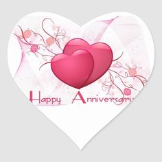 two heart shaped stickers with the words happy anniversary written on them and pink flowers