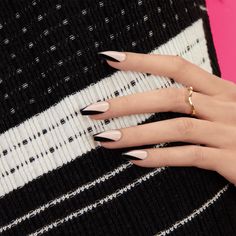 From cocktail hour to after hours... Long length, coffin shape, glossy finish. Sheer nude press-on gel nails featuring black chevron french tips. Black French Tip Nails Wedding, Black Tip Dip Nails, Black Deep French Nails, Dark Nude Nails, Black Tip Nails, Tuxedo Nails, Black Nail Tips, Ballerina Nails Short, Black French Tip Nails