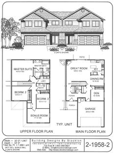 two story house plans with garage and living room on the first floor, one bedroom is above