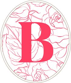 the letter b is surrounded by flowers and leaves on a white background with pink lettering