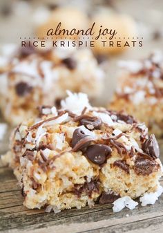 chocolate chip rice krispie treats are stacked on top of each other with the words, almond joy rice krispies treats