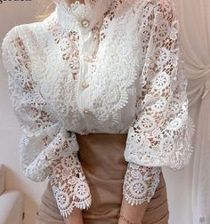 Top In Pizzo, Women Lace Blouse, Stand Collar Shirt, Lace Blouse Long Sleeve, Patch Work Blouse, White Lace Blouse, Petal Sleeve, Vintage Blouse, Lace Collar