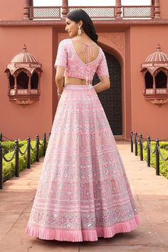 Pink attached cancan lehenga with detailed pink and ice blue floral embroidery and pleated border. Comes with coordinating blouse and scalloped border dupatta. - Aza Fashions Pink Floor-length Choli With Intricate Embroidery, Floor-length Pink Choli With Intricate Embroidery, Pink Semi-stitched Lehenga With Cutdana, Semi-stitched Pink Lehenga With Cutdana, Pink Semi-stitched Choli With Cutdana, Semi-stitched Pink Choli With Cutdana, Pink Semi-stitched Floor-length Lehenga, Pink Chikankari Embroidered Wedding Gown, Pink Chikankari Embroidery Wedding Gown