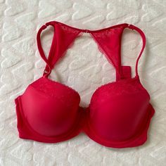 Victorias’ Secret Body By Victoria Bra 34dd Lined Demi. Red With Lcd Detail. Lace Clip Back In Addition To Regular Back. Cute Detail. Never Worn. Elegant Red Bra With Lace Trim, Elegant Red Victoria's Secret Bra, Elegant Red Bra Partially Lined, Elegant Red Partially Lined Bra, Victoria Secret Body, Women's Intimates, Victoria's Secret, Bra, Lace