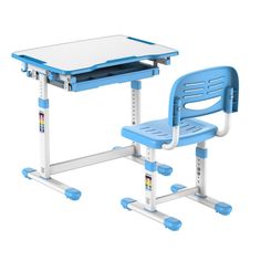 a blue and white desk with a chair on it's legs next to the desk