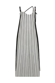 Off-white pinstripe loose fit gather dress features a unique neck shape with adjustable black ties on the shoulders for comfort and versatility. Includes additional black ties on the sides, allowing the wearer to style the dress in numerous ways by creating custom height, volume, and style along the body. Black logo is printed along the length of the ties, and a zip closure is placed on center back.  Perfect for a casual day, or a special occasion. Shell: 65% cotton, 32% nylon, 3% elastane.  Tri Pin Stripe Dress, Gather Dress, Gathered Dress, Pinstripe Dress, Body Black, Black Ties, Gifts For New Mums, Pearl Jewellery Earrings, August Birth Stone