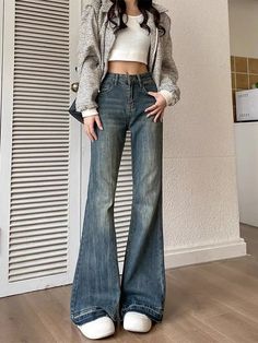 Vintage Flare Denim Jeans - Jeans Wide Leg Jean Pants, Jeans 2000s, High Waist Wide Leg Jeans, Denim Decor, Streetwear Jeans, Jeans Y2k, Flare Denim Jeans, Streetwear Clothes, Middle Age Fashion